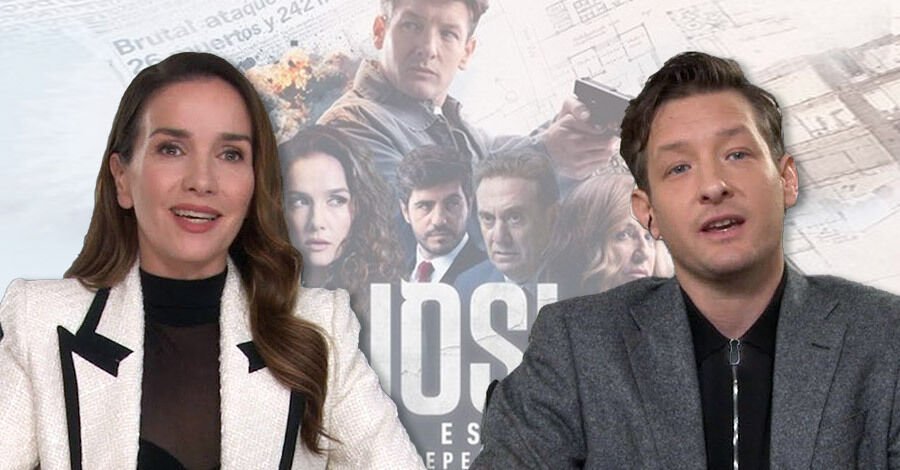 Natalia Oreiro y Gustavo Bussani de frente en entrevista con el afiche de la película IOSI el espía arrepentido detrás