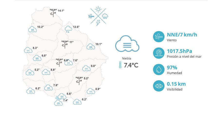 mapa de uruguay con íconos de niebla en varios departamentos