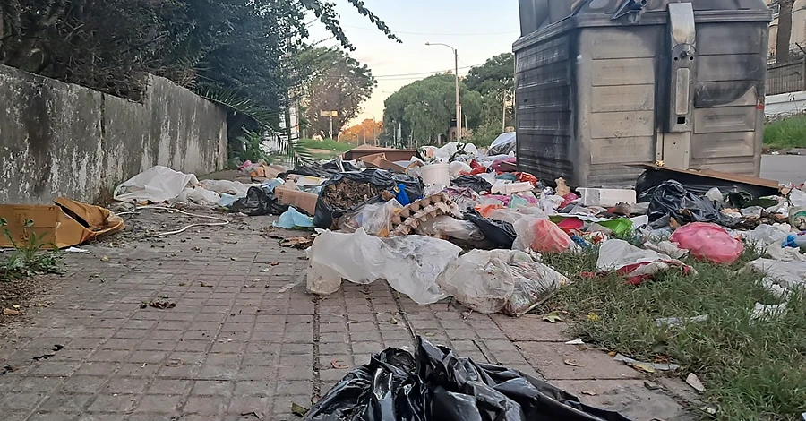 Basura acumulada alrededor de un contenedor desbordado en una vereda urbana.
