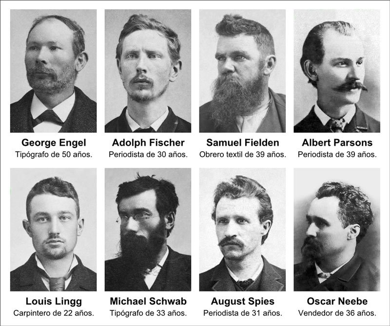 Los Mártires de Chicago – (De izquierda a derecha) George Engel, Samuel Fielden, Adolph Fischer, Louis Lingg, Michael Schwab, Albert Parsons, Oscar Neebey August Spies.