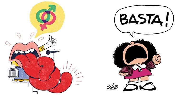Caricatura de una boca con una lengua enredada gigante y mafalda gritando "Basta"!